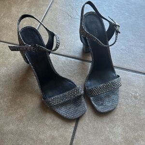 Michael Kors Gunmetal Crystal Strap Block Heel Sandals